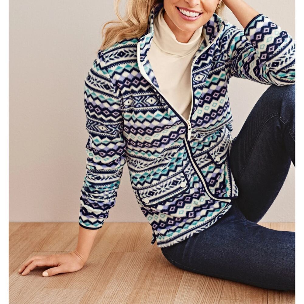 B9‎ Talbots Fair Isle Knit Fleece Jacket Women L Southwestern Cottagecore Nordic